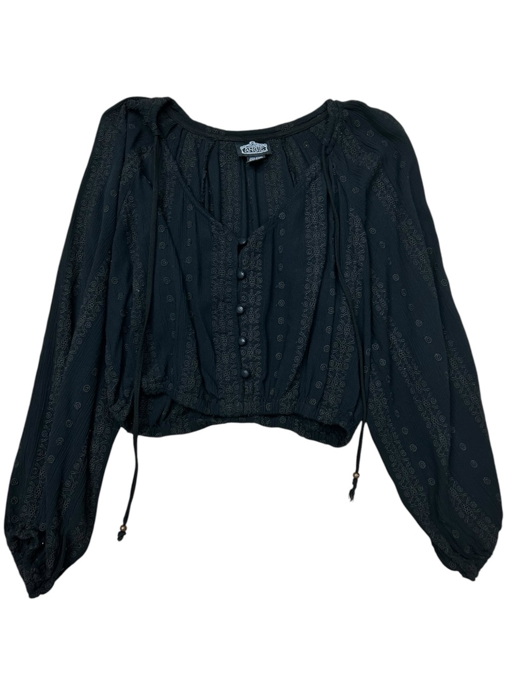 Angie Black Peasant Crop Top with Button Front, Large, Boho Festival Gypsy